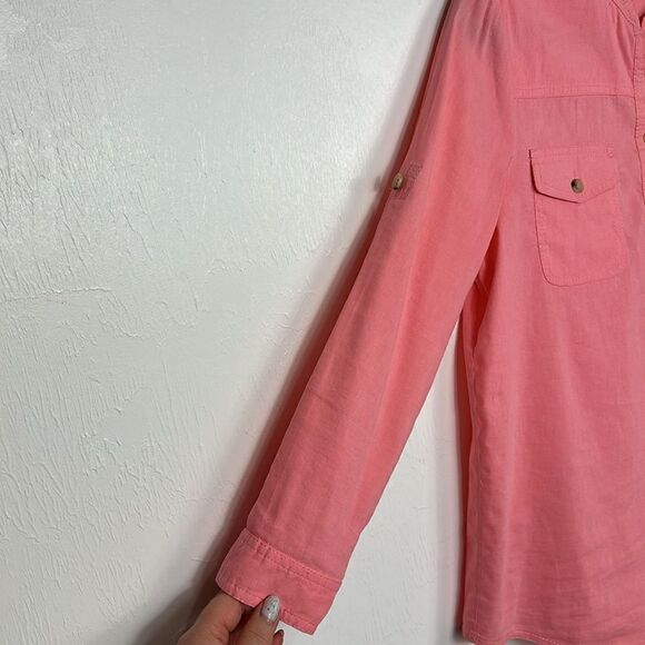 Theory Linen Blend Pink 1/2 Button Roll Tab Sleeve Top Size M - Picture 2 of 9